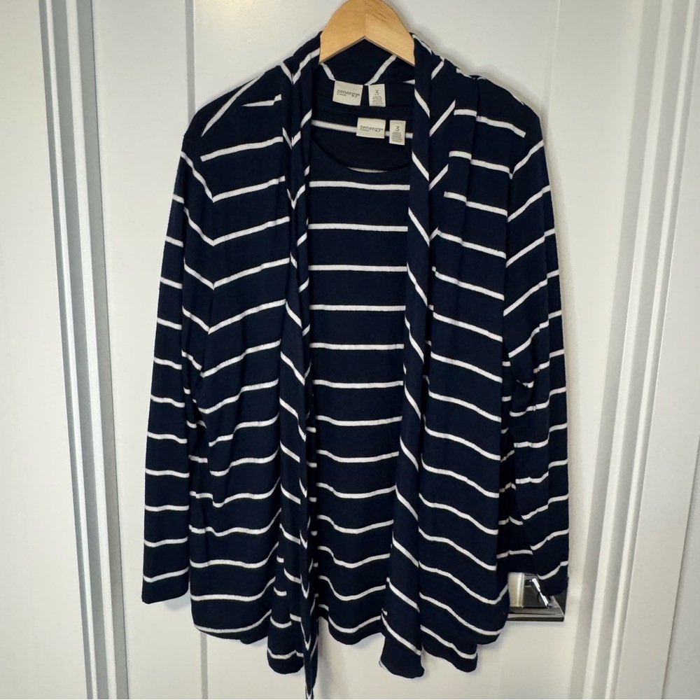 Zenergy by Chico’s Tunic Top and Cardigan Set Blue and White Striped XL